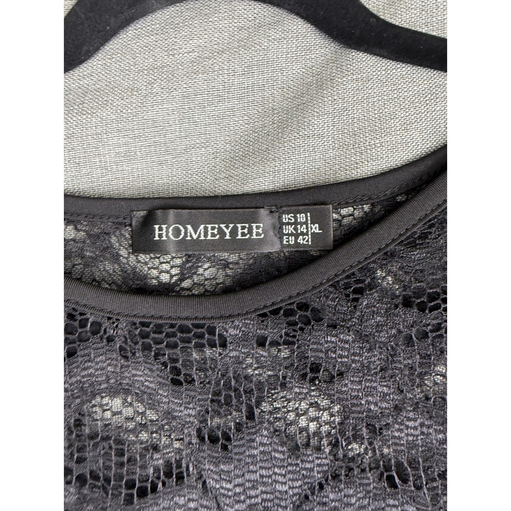 HOMEYEE Black Floral Lace Sheath Dress Cap Sleeve Cocktail Sz 10 Bodycon Y2K 90s - Picture 4 of 5